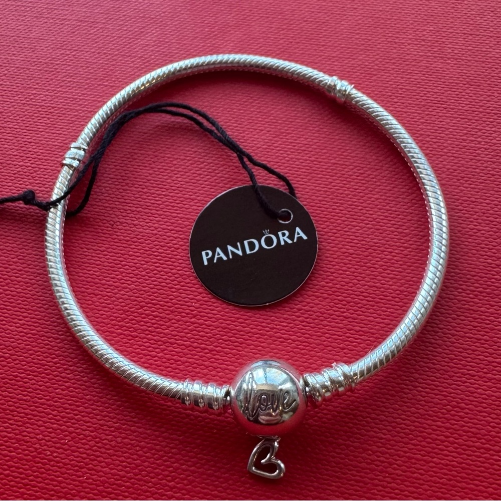 Sterling Silver Charm Bracelet with Love Clasp and Dangle Heart Accent NEW